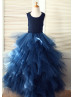 Navy Blue Lace Tulle Cross Back Floor Length Ruffle Skirt Flower Girl Dress